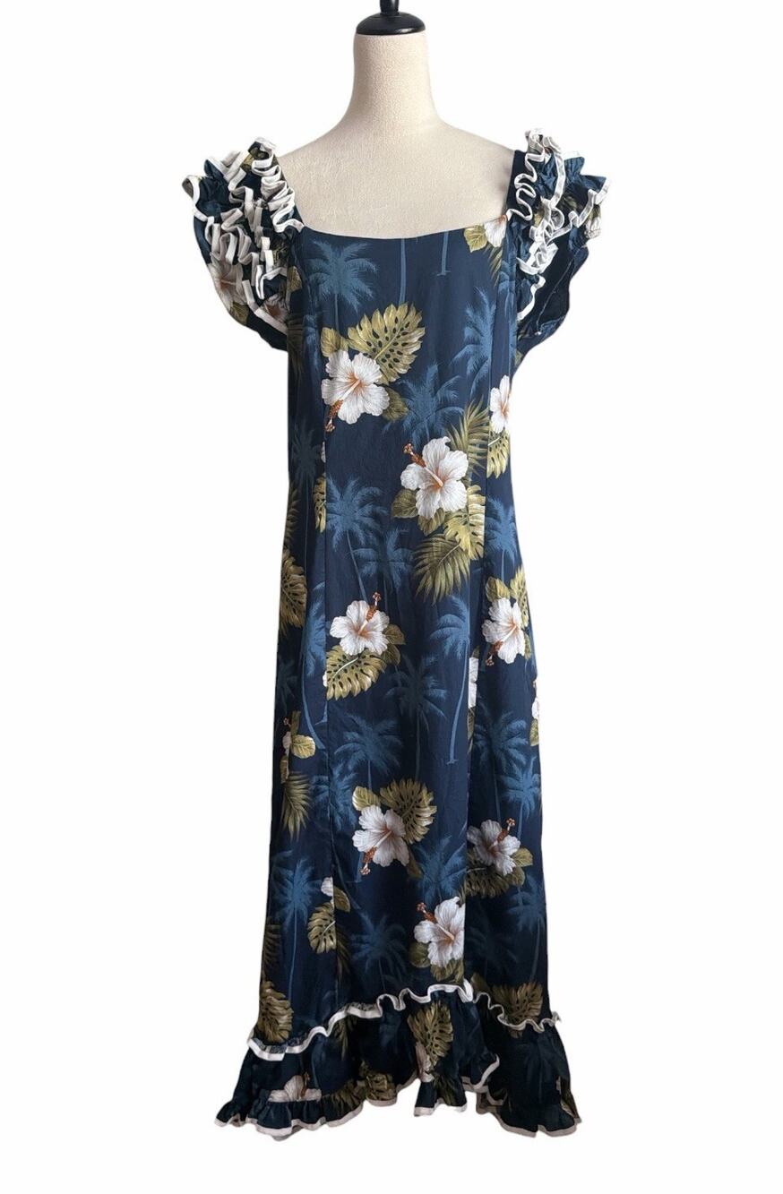 Pacific Legend Hawaiian Muumuu Dress Size XL Blue Floral 100% Cotton USA Made